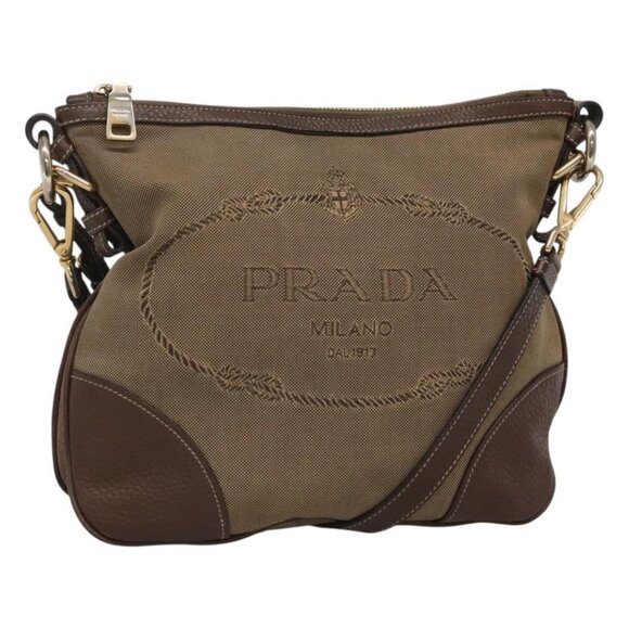PRADA Shoulder Bag Canvas Brown Gold Auth 122901 - Picture 1 of 16